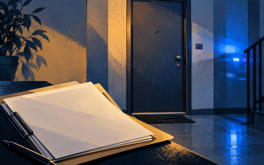 Illustrazione editoriale generata con IA: porta di un appartamento e fascicolo, non il luogo reale dei fatti