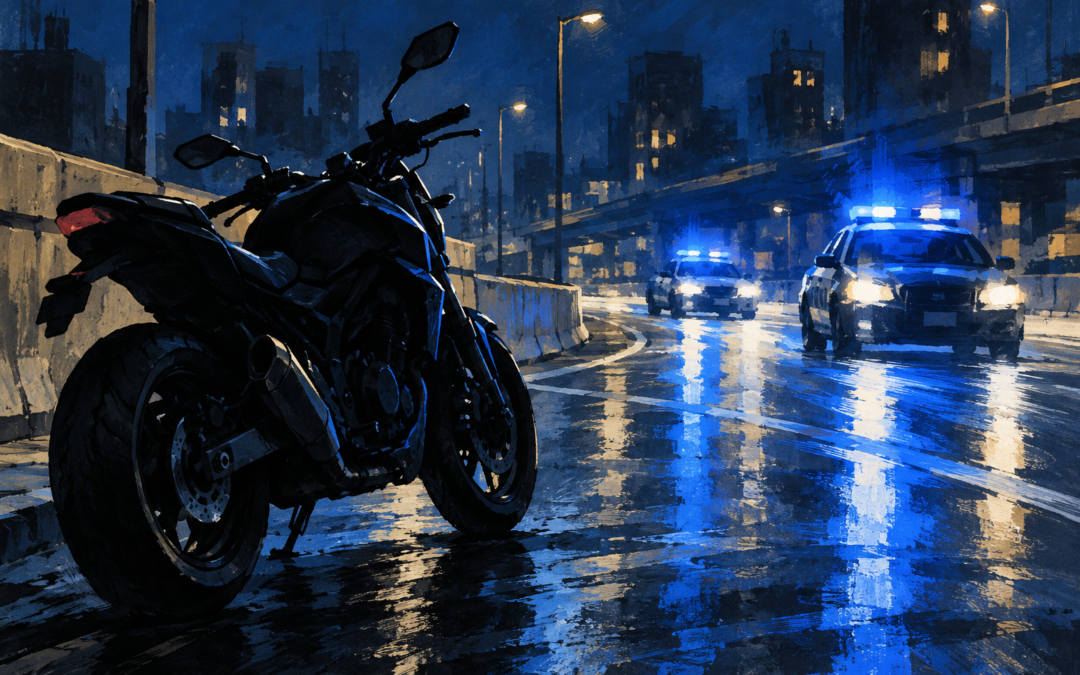Illustrazione generata con IA: motociclo in una strada immaginaria, non fotografia dell'episodio di Torino